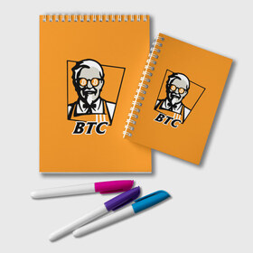 Блокнот с принтом BITCOIN в стиле KFC , 100% бумага | 48 листов, плотность листов — 60 г/м2, плотность картонной обложки — 250 г/м2. Листы скреплены удобной пружинной спиралью. Цвет линий — светло-серый
 | bitcoin | btc | crypto | kfc | биткоин | валюта | деньги | криптовалюта | цифровое золото