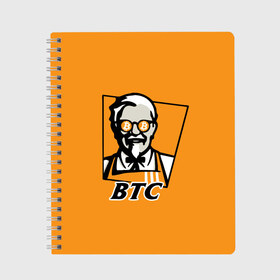 Тетрадь с принтом BITCOIN в стиле KFC , 100% бумага | 48 листов, плотность листов — 60 г/м2, плотность картонной обложки — 250 г/м2. Листы скреплены сбоку удобной пружинной спиралью. Уголки страниц и обложки скругленные. Цвет линий — светло-серый
 | Тематика изображения на принте: bitcoin | btc | crypto | kfc | биткоин | валюта | деньги | криптовалюта | цифровое золото