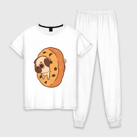 Женская пижама хлопок с принтом мопс-печанька , 100% хлопок | брюки и футболка прямого кроя, без карманов, на брюках мягкая резинка на поясе и по низу штанин | dog | pug | мопс | собака