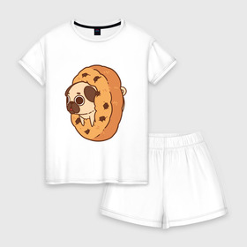 Женская пижама с шортиками хлопок с принтом мопс-печанька , 100% хлопок | футболка прямого кроя, шорты свободные с широкой мягкой резинкой | dog | pug | мопс | собака