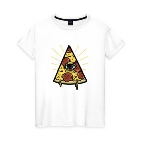 Женская футболка хлопок с принтом Божественная пицца , 100% хлопок | прямой крой, круглый вырез горловины, длина до линии бедер, слегка спущенное плечо | вкусняшка | глаз | еда | пицца | фаст фуд | хавчик