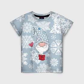 Детская футболка 3D с принтом Милый гномик , 100% гипоаллергенный полиэфир | прямой крой, круглый вырез горловины, длина до линии бедер, чуть спущенное плечо, ткань немного тянется | Тематика изображения на принте: happy new year | волшебство | гном | гномик | новый год | снег | снежинки