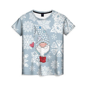 Женская футболка 3D с принтом Милый гномик , 100% полиэфир ( синтетическое хлопкоподобное полотно) | прямой крой, круглый вырез горловины, длина до линии бедер | Тематика изображения на принте: happy new year | волшебство | гном | гномик | новый год | снег | снежинки