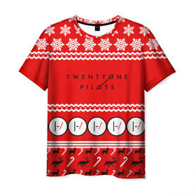 Мужская футболка 3D с принтом Праздничный Twenty One Pilots , 100% полиэфир | прямой крой, круглый вырез горловины, длина до линии бедер | Тематика изображения на принте: 21 pilots | красный | новогодний | рождество | снежинки