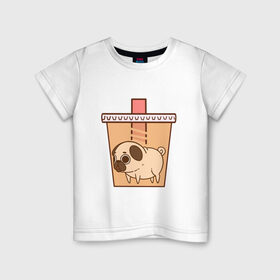 Детская футболка хлопок с принтом мопс-кофе , 100% хлопок | круглый вырез горловины, полуприлегающий силуэт, длина до линии бедер | 