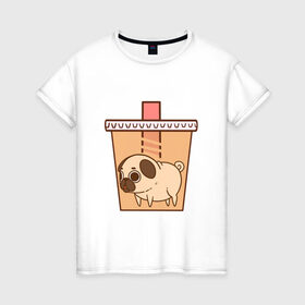 Женская футболка хлопок с принтом мопс-кофе , 100% хлопок | прямой крой, круглый вырез горловины, длина до линии бедер, слегка спущенное плечо | 