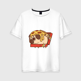 Женская футболка хлопок Oversize с принтом мопс-пицца , 100% хлопок | свободный крой, круглый ворот, спущенный рукав, длина до линии бедер
 | pug | мопс