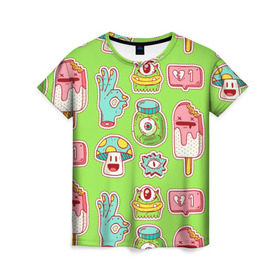 Женская футболка 3D с принтом Страшилки монстрики , 100% полиэфир ( синтетическое хлопкоподобное полотно) | прямой крой, круглый вырез горловины, длина до линии бедер | глаз | монстр | мороженое | мультик | приведение | розовый | ужасы | улыбка | цветная