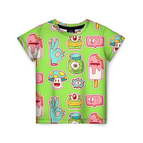 Детская футболка 3D с принтом Страшилки монстрики , 100% гипоаллергенный полиэфир | прямой крой, круглый вырез горловины, длина до линии бедер, чуть спущенное плечо, ткань немного тянется | глаз | монстр | мороженое | мультик | приведение | розовый | ужасы | улыбка | цветная