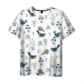 Мужская футболка 3D с принтом Воробушки , 100% полиэфир | прямой крой, круглый вырез горловины, длина до линии бедер | воробей | зяблик | минимализм | паттерн | птицы | цветы | чиж