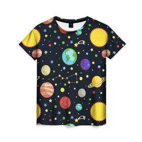 Женская футболка 3D с принтом Солнечная система , 100% полиэфир ( синтетическое хлопкоподобное полотно) | прямой крой, круглый вырез горловины, длина до линии бедер | большая медведица | венера | звезда | звезды | земля | космос | марс | меркурий | паттерн | сатурн | созвездия | солнце | уран | юпитер