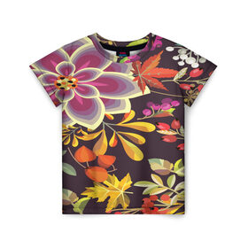 Детская футболка 3D с принтом Осенние мотивы , 100% гипоаллергенный полиэфир | прямой крой, круглый вырез горловины, длина до линии бедер, чуть спущенное плечо, ткань немного тянется | Тематика изображения на принте: fashion | flower | акварельные цветы | краски | осень | природа | рисованные цветы | розы | цветы