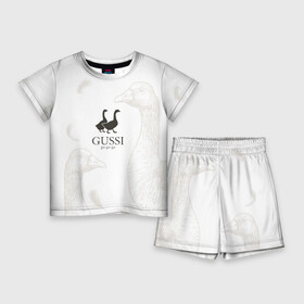 Детский костюм с шортами 3D с принтом GUSSI ga ga ga ,  |  | Тематика изображения на принте: gucci | gusi | gussi | гуcь | гуси | гучи | гуччи | перо | перья | уточка | уточки