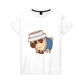 Женская футболка хлопок с принтом мопс-кофе , 100% хлопок | прямой крой, круглый вырез горловины, длина до линии бедер, слегка спущенное плечо | pug | мопс