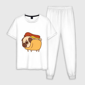 Мужская пижама хлопок с принтом мопс-хотдог , 100% хлопок | брюки и футболка прямого кроя, без карманов, на брюках мягкая резинка на поясе и по низу штанин
 | Тематика изображения на принте: pug | мопс