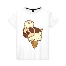 Женская футболка хлопок с принтом мопс-мороженое , 100% хлопок | прямой крой, круглый вырез горловины, длина до линии бедер, слегка спущенное плечо | pug | мопс