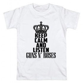 Мужская футболка хлопок с принтом Keep calm and listen Guns-n-roses , 100% хлопок | прямой крой, круглый вырез горловины, длина до линии бедер, слегка спущенное плечо. | guns n roses | gunsnroses | ганз н роус | ганзес роус | ганзесроус | ганзнроус | дафф маккаган | диззи рид | мелисса риз | ричард фортус | рок | слэш | франк феррер | эксл роуз