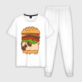 Мужская пижама хлопок с принтом мопс-бургер , 100% хлопок | брюки и футболка прямого кроя, без карманов, на брюках мягкая резинка на поясе и по низу штанин
 | Тематика изображения на принте: pug | мопс