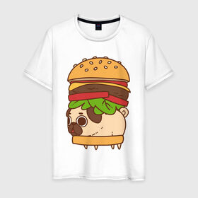 Мужская футболка хлопок с принтом мопс-бургер , 100% хлопок | прямой крой, круглый вырез горловины, длина до линии бедер, слегка спущенное плечо. | Тематика изображения на принте: pug | мопс