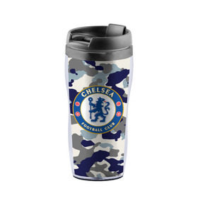 Термокружка-непроливайка с принтом FC Chelsea Camouflage , внутренняя часть — пищевой пластик, наружная часть — прозрачный пластик, между ними — полиграфическая вставка с рисунком | объем — 350 мл, герметичная крышка | 