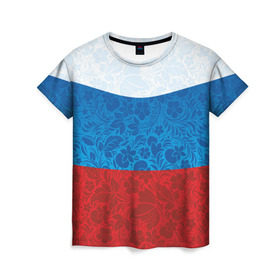 Женская футболка 3D с принтом Россия хохлома триколор , 100% полиэфир ( синтетическое хлопкоподобное полотно) | прямой крой, круглый вырез горловины, длина до линии бедер | russia | россия | россия триколор | россия хохлома | триколор | флаг рф | хозлома | хохлома