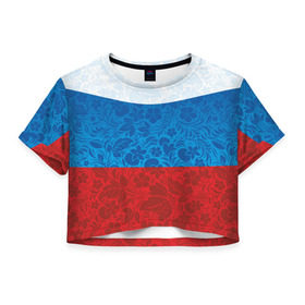 Женская футболка 3D укороченная с принтом Россия хохлома триколор , 100% полиэстер | круглая горловина, длина футболки до линии талии, рукава с отворотами | Тематика изображения на принте: russia | россия | россия триколор | россия хохлома | триколор | флаг рф | хозлома | хохлома