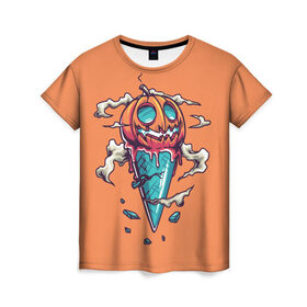 Женская футболка 3D с принтом Тыквенное мороженое , 100% полиэфир ( синтетическое хлопкоподобное полотно) | прямой крой, круглый вырез горловины, длина до линии бедер | день всех святых | мороженое | морожка | оранжевый | рожок | светильник джека | тыква | хеллоуин | хэллоуин