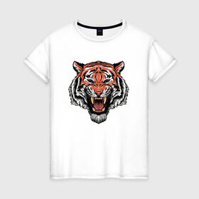 Женская футболка хлопок с принтом Тигр , 100% хлопок | прямой крой, круглый вырез горловины, длина до линии бедер, слегка спущенное плечо | Тематика изображения на принте: голова | джунгли | животное | зубы | оскал | тигр