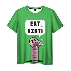 Мужская футболка 3D с принтом Ешь грязь! , 100% полиэфир | прямой крой, круглый вырез горловины, длина до линии бедер | Тематика изображения на принте: eat dirt | грозный | грязь | жри | землю | мультяшка | насекомое | пасть | червь | червяк