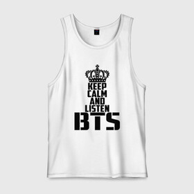 Мужская майка хлопок с принтом Keep calm and listen BTS , 100% хлопок |  | bangtan boys | bts | j hope | jimin | jin | jungkook | k pop | rm | sonyeondan | suga | v | бойз бойс | бойскауты | бтс бенгтан. бангтан | группа | к поп | корейская | пуленепробиваемые | хип хоп