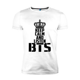 Мужская футболка премиум с принтом Keep calm and listen BTS , 92% хлопок, 8% лайкра | приталенный силуэт, круглый вырез ворота, длина до линии бедра, короткий рукав | bangtan boys | bts | j hope | jimin | jin | jungkook | k pop | rm | sonyeondan | suga | v | бойз бойс | бойскауты | бтс бенгтан. бангтан | группа | к поп | корейская | пуленепробиваемые | хип хоп