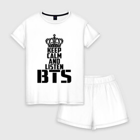 Женская пижама с шортиками хлопок с принтом Keep calm and listen BTS , 100% хлопок | футболка прямого кроя, шорты свободные с широкой мягкой резинкой | bangtan boys | bts | j hope | jimin | jin | jungkook | k pop | rm | sonyeondan | suga | v | бойз бойс | бойскауты | бтс бенгтан. бангтан | группа | к поп | корейская | пуленепробиваемые | хип хоп