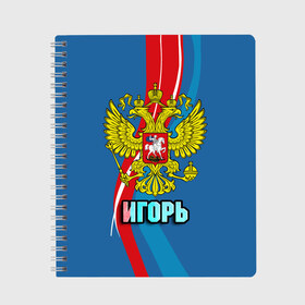 Тетрадь с принтом Герб Игорь , 100% бумага | 48 листов, плотность листов — 60 г/м2, плотность картонной обложки — 250 г/м2. Листы скреплены сбоку удобной пружинной спиралью. Уголки страниц и обложки скругленные. Цвет линий — светло-серый
 | Тематика изображения на принте: герб | гоша | игорь | имена | орел | патриот | россия | страна