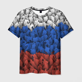 Мужская футболка 3D с принтом Флаг России из хоккеистов , 100% полиэфир | прямой крой, круглый вырез горловины, длина до линии бедер | Тематика изображения на принте: зима | лед | олимпиада | россия | сборная | спорт | триколор | хокей | хоккеист | хоккей | чемпионат
