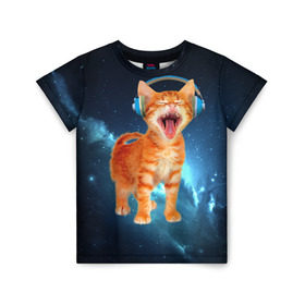 Детская футболка 3D с принтом Котёнок в наушниках , 100% гипоаллергенный полиэфир | прямой крой, круглый вырез горловины, длина до линии бедер, чуть спущенное плечо, ткань немного тянется | кот | кошка | музыка