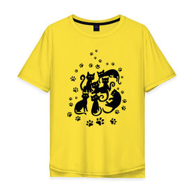 Мужская футболка хлопок Oversize с принтом Чёрные кошки , 100% хлопок | свободный крой, круглый ворот, “спинка” длиннее передней части | Тематика изображения на принте: котята | лапки | силуэты | следы