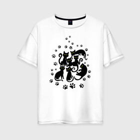 Женская футболка хлопок Oversize с принтом Чёрные кошки , 100% хлопок | свободный крой, круглый ворот, спущенный рукав, длина до линии бедер
 | котята | лапки | силуэты | следы