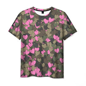 Мужская футболка 3D с принтом Какмуфляж с сердечками , 100% полиэфир | прямой крой, круглый вырез горловины, длина до линии бедер | 14 февраля | день святого валентина | камуфляж | любовь | милитари | паттерн | розовый | сердечко | сердце | хаки