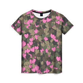Женская футболка 3D с принтом Какмуфляж с сердечками , 100% полиэфир ( синтетическое хлопкоподобное полотно) | прямой крой, круглый вырез горловины, длина до линии бедер | 14 февраля | день святого валентина | камуфляж | любовь | милитари | паттерн | розовый | сердечко | сердце | хаки