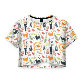 Женская футболка 3D укороченная с принтом О кошках и птичках , 100% полиэстер | круглая горловина, длина футболки до линии талии, рукава с отворотами | ваза | кот | кошка | листочки | паттерн | птица | птичка | узор | ягоды