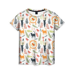Женская футболка 3D с принтом О кошках и птичках , 100% полиэфир ( синтетическое хлопкоподобное полотно) | прямой крой, круглый вырез горловины, длина до линии бедер | ваза | кот | кошка | листочки | паттерн | птица | птичка | узор | ягоды