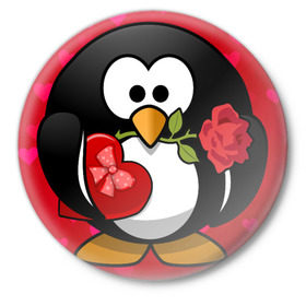 Значок с принтом Пингвин-Валентин ,  металл | круглая форма, металлическая застежка в виде булавки | Тематика изображения на принте: 