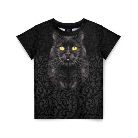 Детская футболка 3D с принтом Чёрный котик , 100% гипоаллергенный полиэфир | прямой крой, круглый вырез горловины, длина до линии бедер, чуть спущенное плечо, ткань немного тянется | Тематика изображения на принте: кошка | чёрная