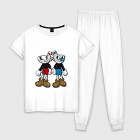 Женская пижама хлопок с принтом Cuphead Mugman , 100% хлопок | брюки и футболка прямого кроя, без карманов, на брюках мягкая резинка на поясе и по низу штанин | капхед | капхэд | магмен | магмэн | мугмен
