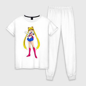 Женская пижама хлопок с принтом Сейлормун , 100% хлопок | брюки и футболка прямого кроя, без карманов, на брюках мягкая резинка на поясе и по низу штанин | Тематика изображения на принте: sailor moon | sailormoon | сейлор мун