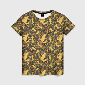 Женская футболка 3D с принтом Кошки хохлома , 100% полиэфир ( синтетическое хлопкоподобное полотно) | прямой крой, круглый вырез горловины, длина до линии бедер | орнамент | паттерн | цветы