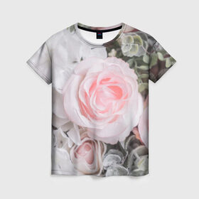 Женская футболка 3D с принтом розы , 100% полиэфир ( синтетическое хлопкоподобное полотно) | прямой крой, круглый вырез горловины, длина до линии бедер | букет | винтаж | зелень | листья | розовые розы | романтика | цветы