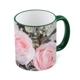 Кружка 3D с принтом розы , керамика | ёмкость 330 мл | букет | винтаж | зелень | листья | розовые розы | романтика | цветы