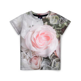 Детская футболка 3D с принтом розы , 100% гипоаллергенный полиэфир | прямой крой, круглый вырез горловины, длина до линии бедер, чуть спущенное плечо, ткань немного тянется | букет | винтаж | зелень | листья | розовые розы | романтика | цветы