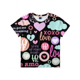 Детская футболка 3D с принтом Любовь на разных языках , 100% гипоаллергенный полиэфир | прямой крой, круглый вырез горловины, длина до линии бедер, чуть спущенное плечо, ткань немного тянется | 14 | love | валентин | губы | день | любовь | подарок | поцелуй | сердце | страсть | февраль